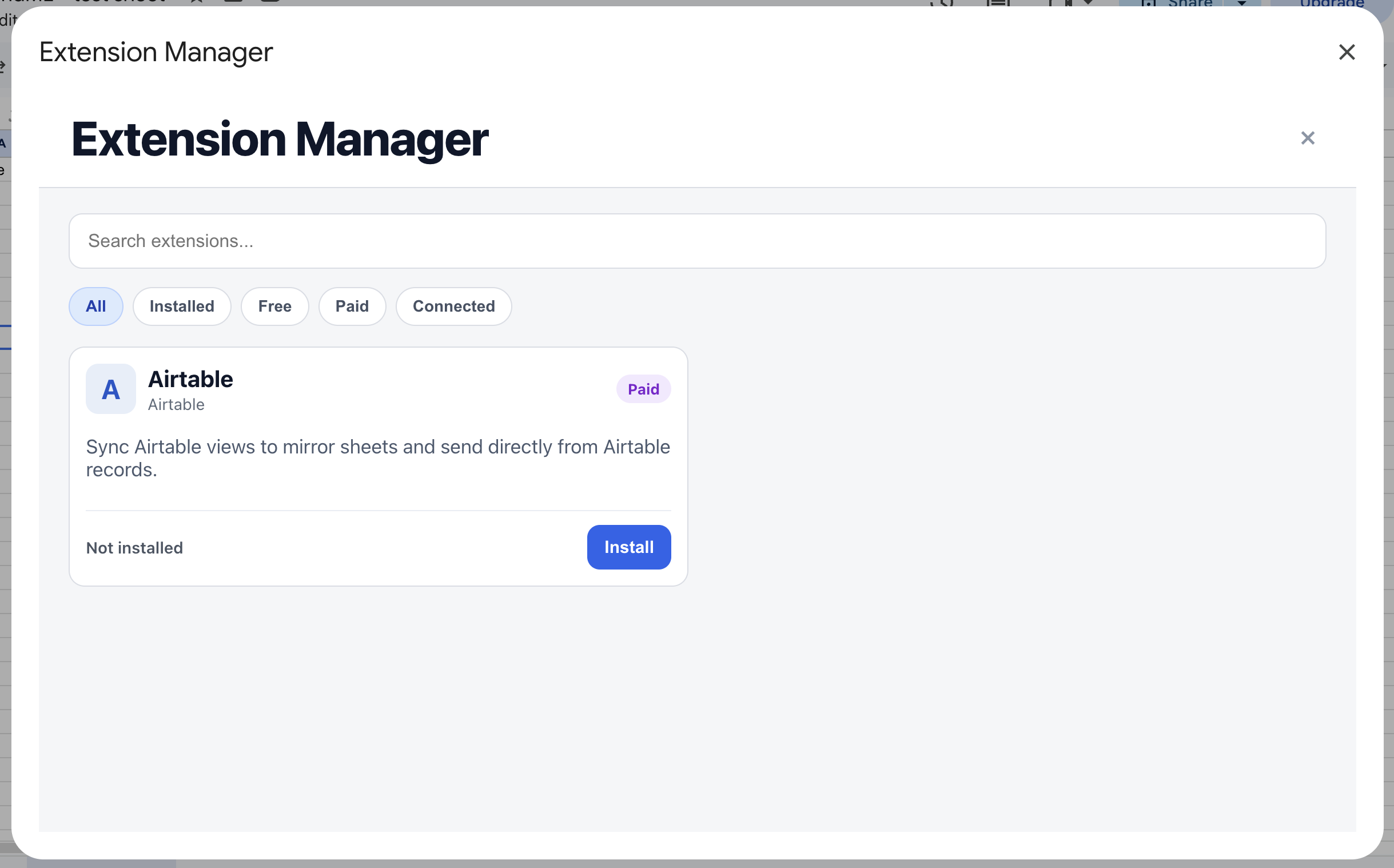 Extension manager modal