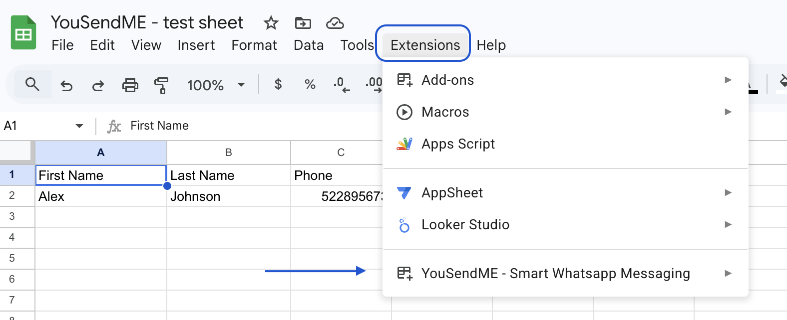 Open YouSendME from the Google Sheets extensions menu